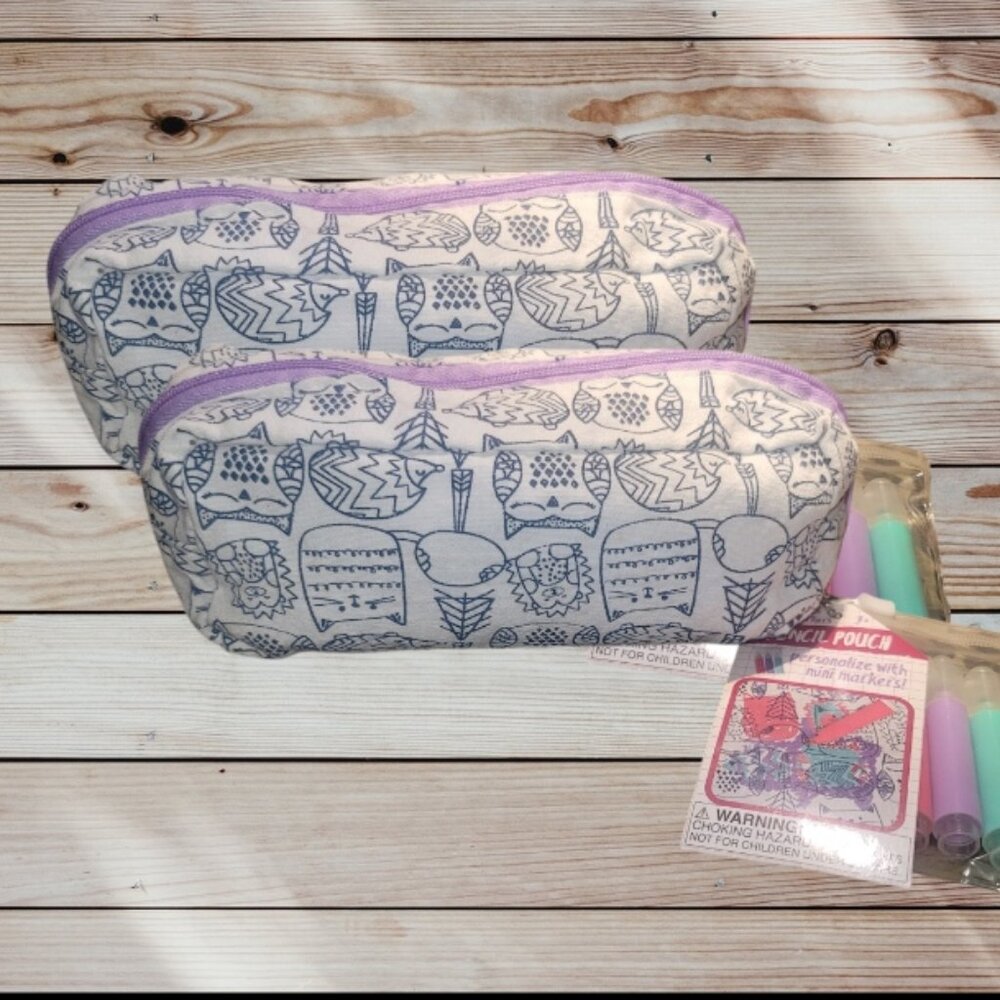 Lot of 2 - Color Your Own Pencil Case Pouch Zipper Bag - Cats, Owls, Hedgehogs